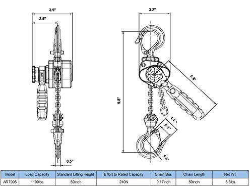 Amarite Mini Lever Chain Hoist 1/2 ton，Small Come Along 1100 lbs 5ft Lift ，Weighs just 5.8 pounds