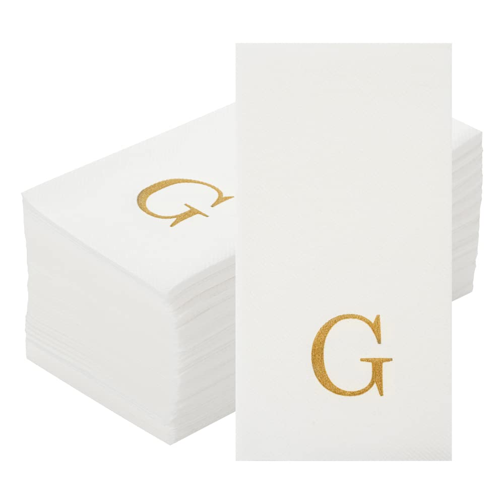 Luxenap 15.8 X 7.9 Inch Linen-Feel Guest Towels, 50 Lettered Hand Towels - Gold Letter 'G', Sans Serif Font, White Paper Dinner Napkins, airlaid, For Restrooms And Tables - Restaurantware