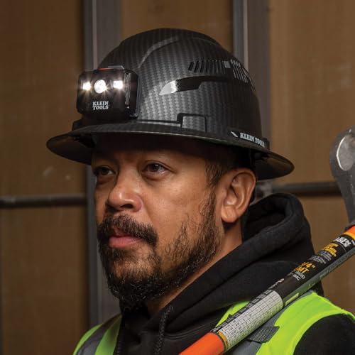 Klein Tools 60346 Hard Hat, Non-Vented Full Brim, Class E, Premium KARBN Pattern, Rechargeable Lamp, Padded Sweat-Wicking Sweatband, Top Pad