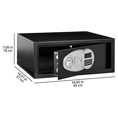 Amazon Basics Steel Security Safe and Lock Box with Programmable Electronic Keypad, Secure for Cash, Jewelry, Documents, Black, 0.7 Cubic Feet, 16.9-x-14.6-x-7.1-inches (WxDxH)