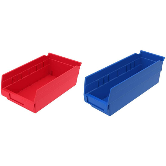 Akro-Mils 30130 Plastic Nesting Shelf Bin Box, (12-Inch x 6-1/2-Inch x 4-Inch), Red, (12-Pack) & 30120 Plastic Nesting Shelf Bin Box, (12-Inch x 4-Inch x 4-Inch), Blue, (24-Pack)