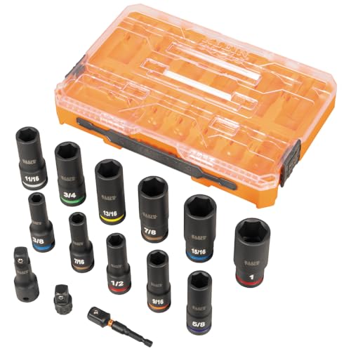 Klein Tools 65111IMPCT KNECT Deep-Well Impact Socket Set, 1/2-Inch Drive, SAE, Color Coded, MODbox Case, Impact Adapter and Extension, 14-Piece