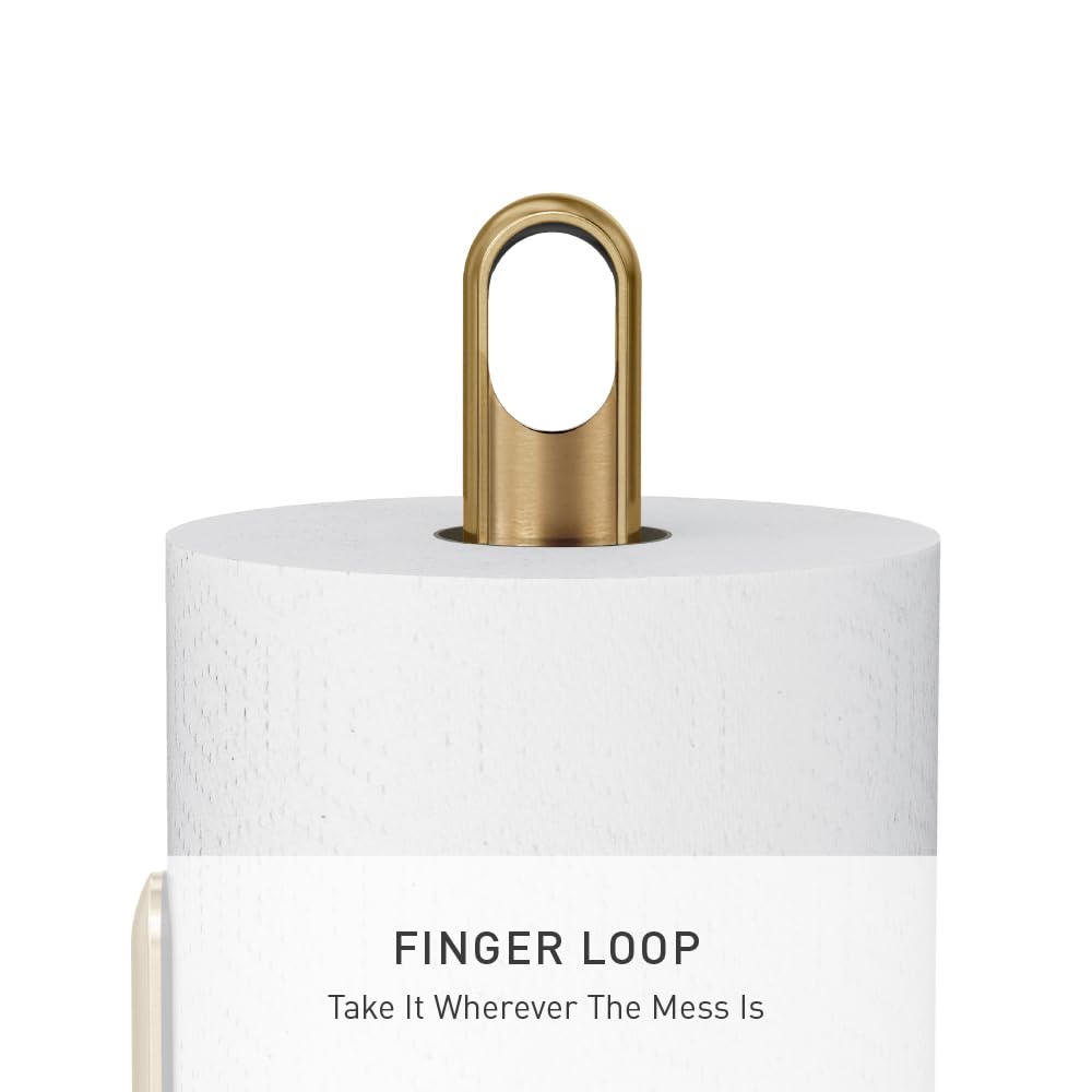 simplehuman Tension Arm Countertop Paper Towel Holder, Easy One-Handed Tear, Standing Weighted Base with Finger Loop, Heavy Duty, Brass Stainless Steel