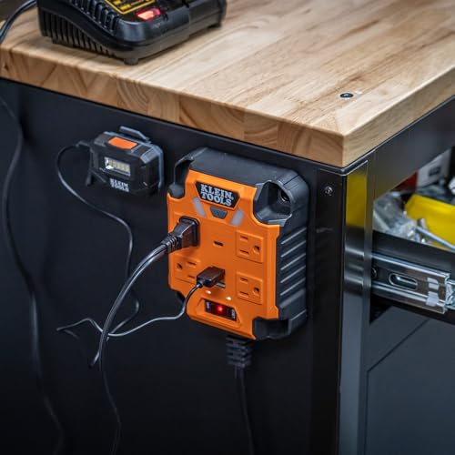 Klein Tools 29601 Magnetic Power Strip with Surge Protector, Extension Cord, 4 Outlets, 3 USB Ports, 5-Foot Cord, Power Supply Box with Light, PowerBox 1, Heavy Duty