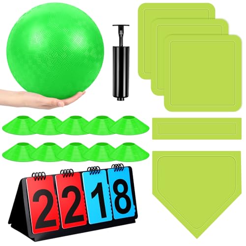Jenaai 18 Pcs Sports Kickball Set Includes Playground Ball 5 Rubber Throw Down Bases Ball Pump Scoreboard Net Bag 10 Foul Line Cones for Adults Playground Backyard Game(10 Inch,Green)