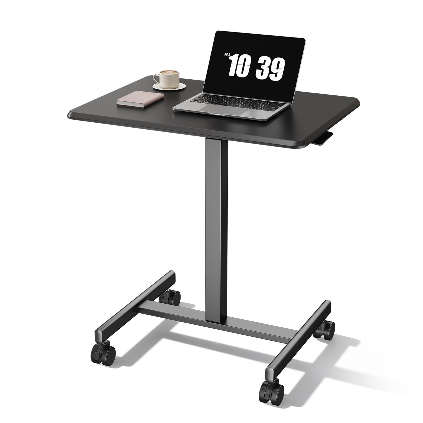 OLIXIS Mobile Rolling Desk with Wheels Small Standing Laptop Desks Portable Pneumatic Adjustable Height Sit Stand Table Computer Workstation for Home Office Black