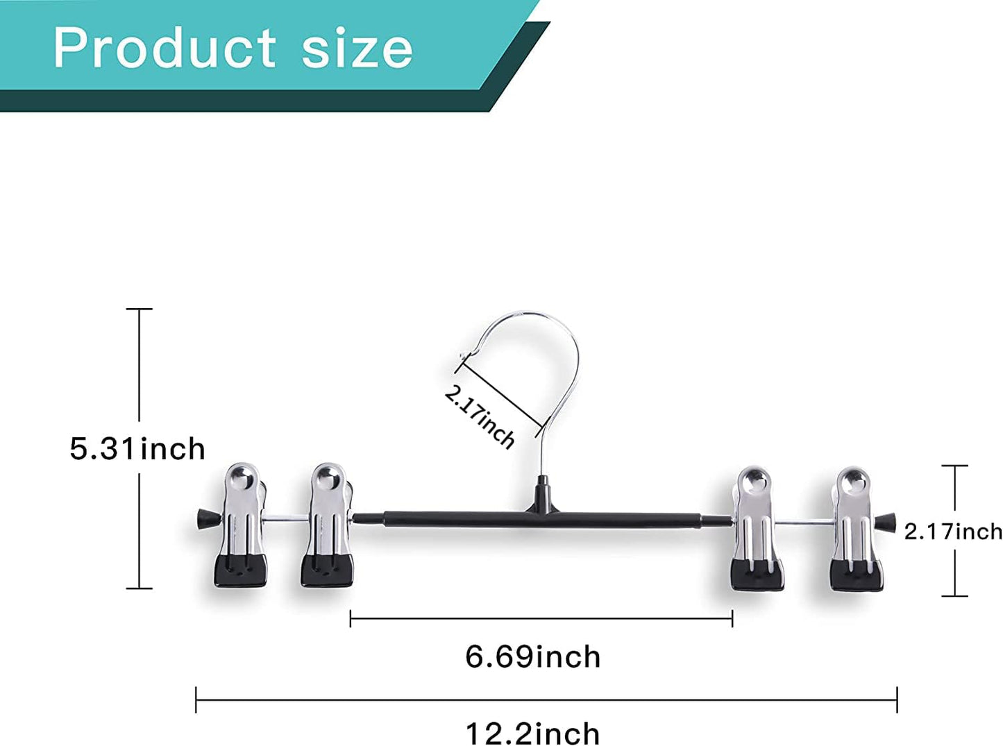 HWAJAN Pants Hangers with Clips 60 Pack Adjustable Skirt Hangers for Women Non-Slip Trousers Hanger for Jeans Clothes Hangers for Pants Heavy Duty Space Saving Shorts Hangers,Black,12Inch