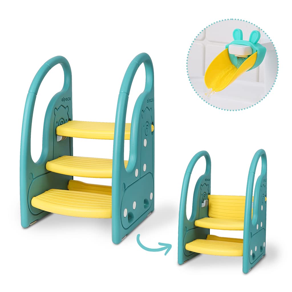 Toddler Step Stool Chair Onasti Kids 3 Step Standing Tower for Toddlers Plastic Learning Helper Stool for Kitchen Counter Bathroom Sink Toilet Potty Training with Handles and Non-Slip Pads-Green