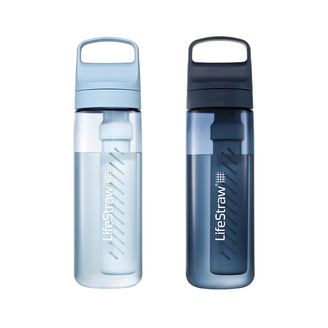 LifeStraw Go Series — Water Filter Bottle 2-Pack for Travel and Everyday Use Removes Bacteria, Parasites and Microplastics, Improves Taste, 22 oz 2-Pack, Icelandic Blue and Aegean Sea