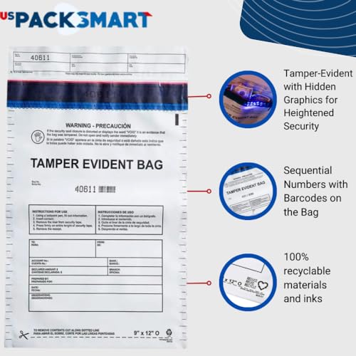 USPACKSMART 12”x16" Opaque Plastic Deposit Bags with Security Tape Tamper Evident - Secure Bank Deposits, Cash Handling, & Currency Transport | Self-Sealing Tape with Hidden Graphics | 100-Pack