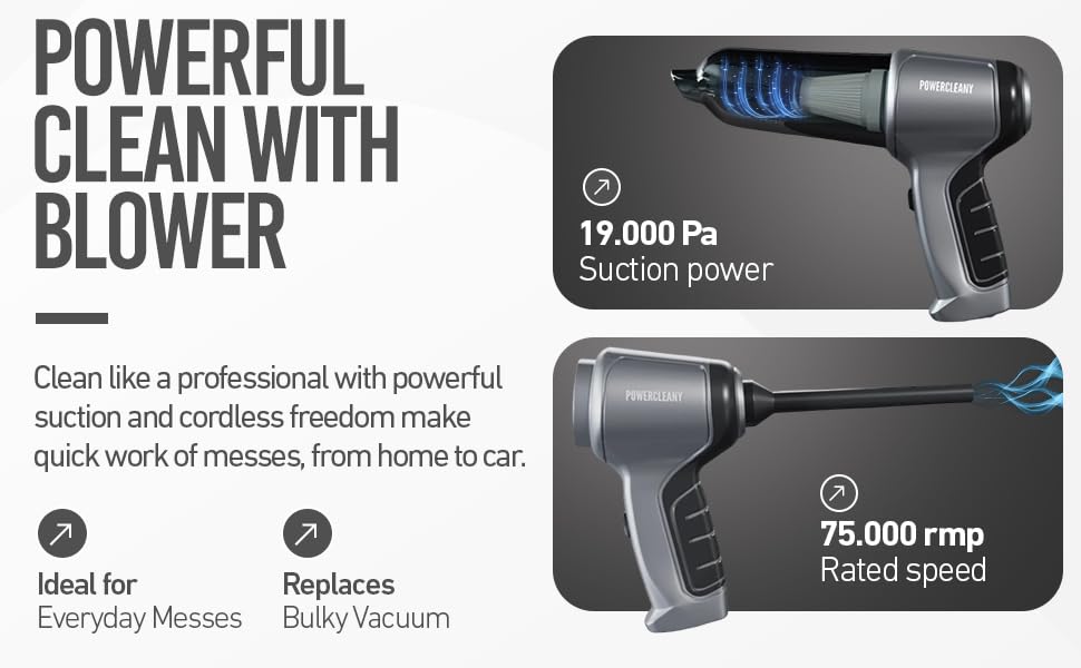Powercleany Cordless Handheld Car Vacuum Cleaner, High Suction Rechargeable Auto Vacuum, Portable Mini Vacuum for Car & Home, Small Vacuum Cleaner for Couch, Kitchen, Pet Hair, Wet Dry Use