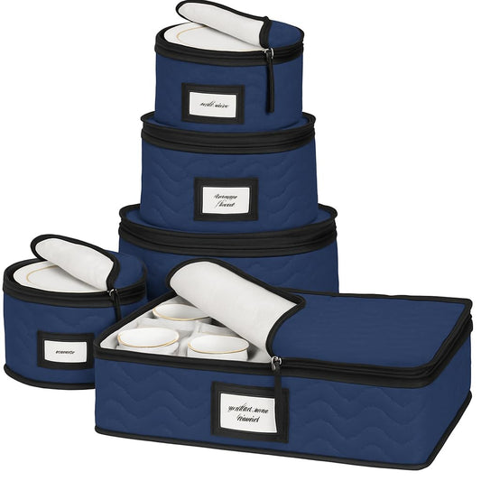 China Storage Containers 5-Piece Set Moving Boxes for Dinnerware, Glasses, Plates, Mugs and Saucers Sturdy Quilted Microfiber Dish Organizer with Dividers for Seasonal Storage - Holds Set of 12, blue