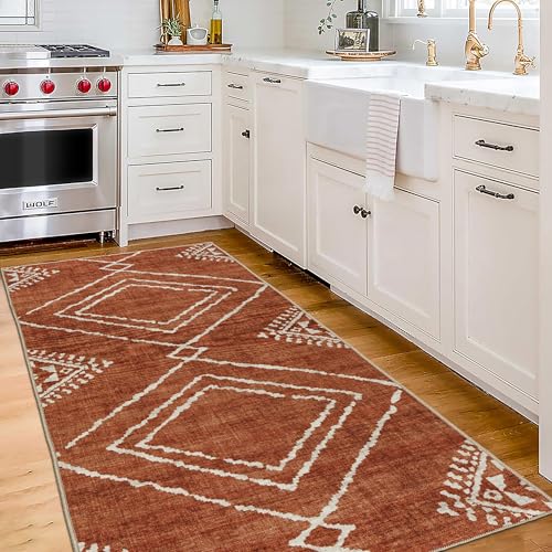 ReaLife Rugs Machine Washable Area Rug Runner - Living Room Bedroom Bathroom Kitchen Entryway Office - Padded Low Pile Stain Resistant Premium - Moroccan Diamond Tribal - Jax - Orange 2'6" x 8'