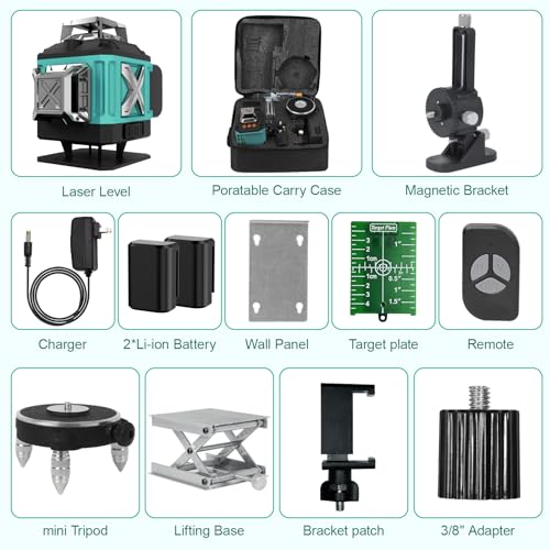 16 Lines Laser 360 Level Self Leveling, 4x360° Professional 4D Green Cross Line laser Level for Construction and Picture Hanging with 2 Batteries,Magnetic Bracket & Remote Control
