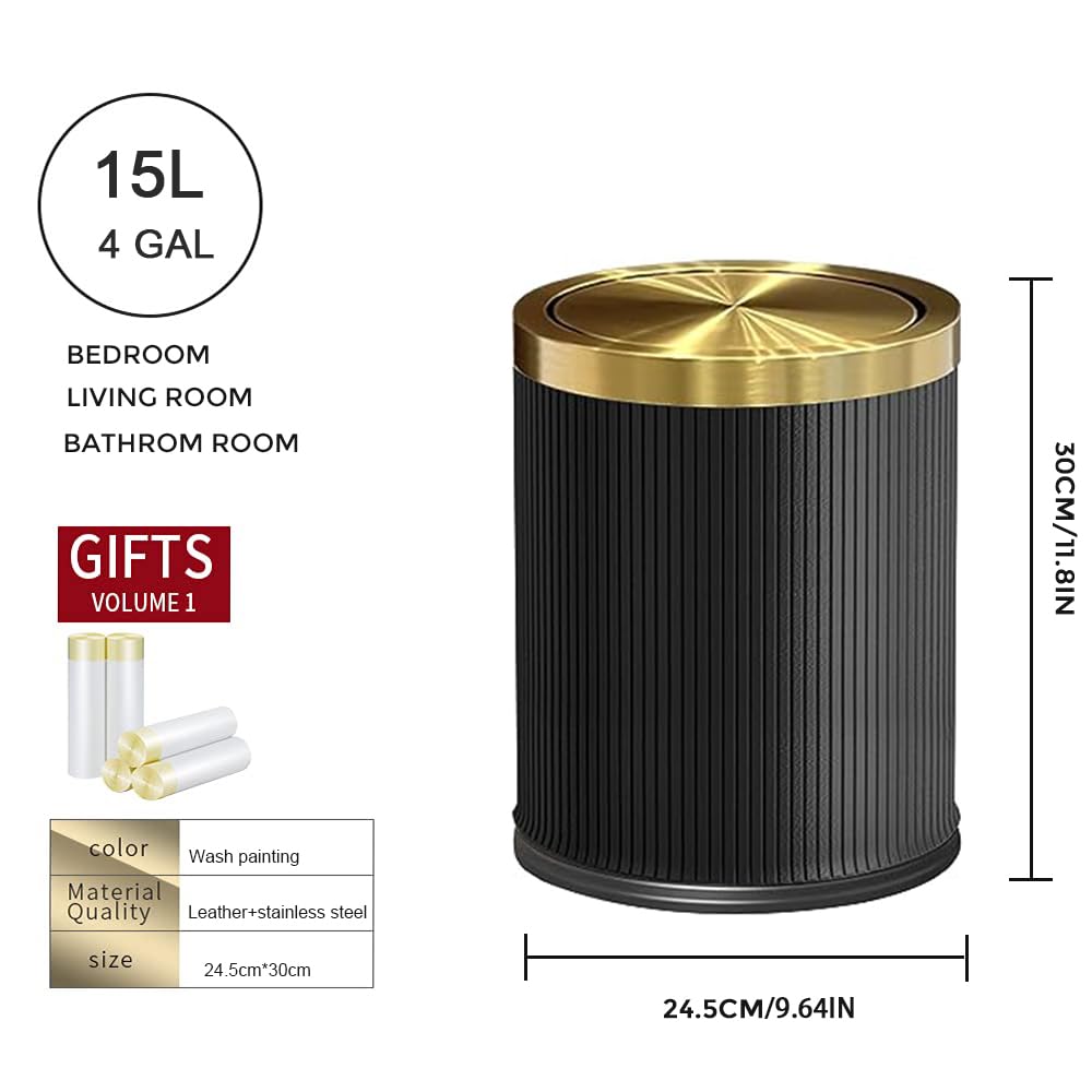 LEASYLIFE 15L/4GAL Black Bathroom Trash can,Gold Bathroom Garbage can with lid，Small Trash Can with Flipping Lid, Garbage cans for Bedroom, Kitchen，Living Room.(15L-Black)