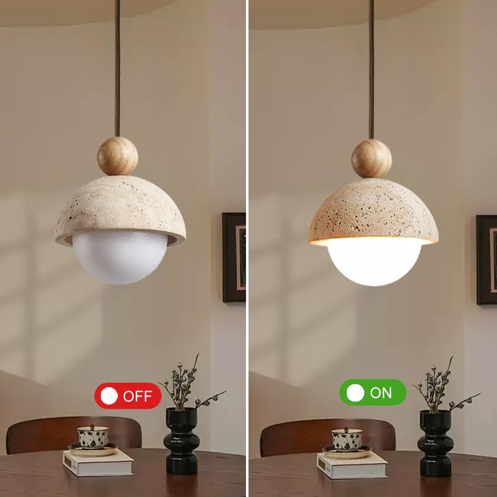 Spherical Wabi Sabi Pendant Light Natural Stone Retro Japanese Style Yellow Travertine Pendant Lighting Vintage Mini Wood Nordic Hanging Light for Kitchen Island Dining Room Bedroom Hallway Bedside