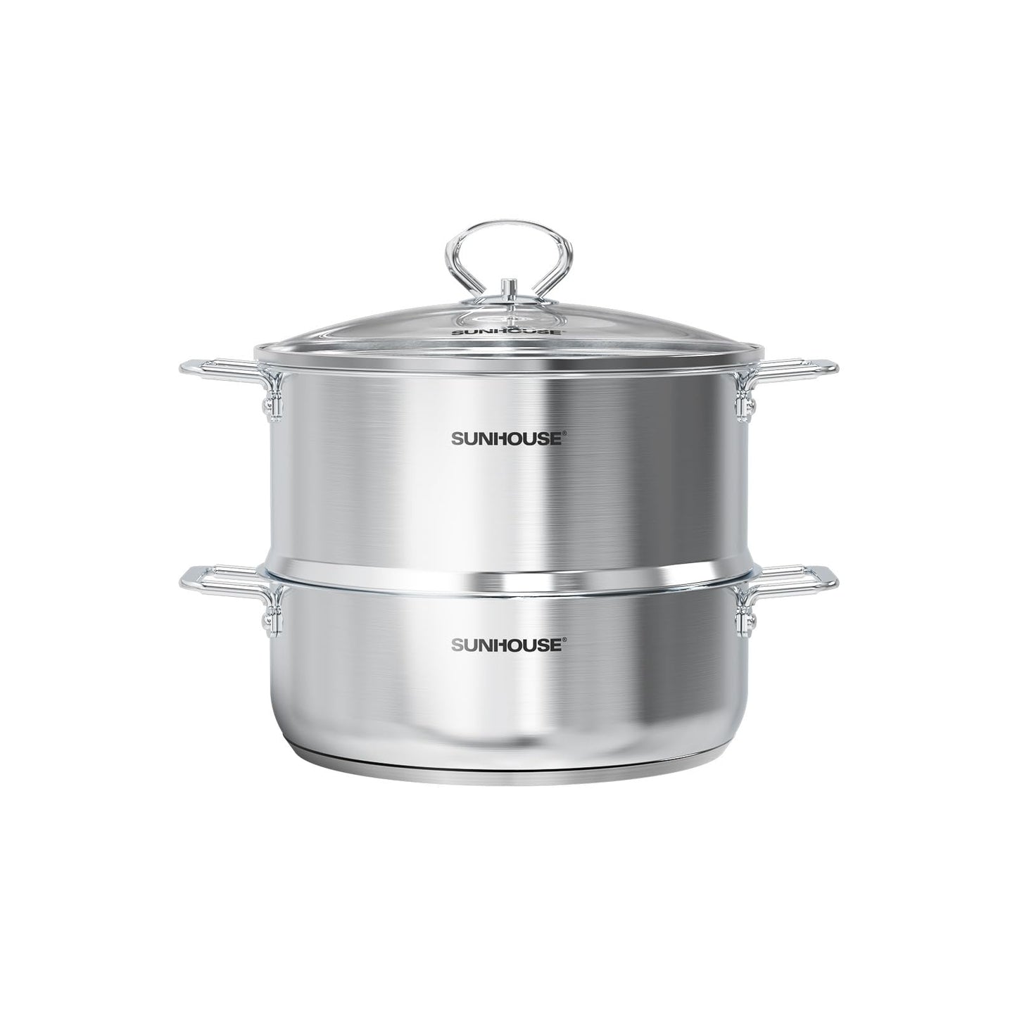 SUNHOUSE 2-Tier Stainless Steel Steamer Pot for Cooking - Large 5.5 QT Steamer Basket & 3.8 QT Stockpot - Tri-Ply Base Vegetable Steamer with Stay-Cool Silicone Handles and Lid - Induction Compatible