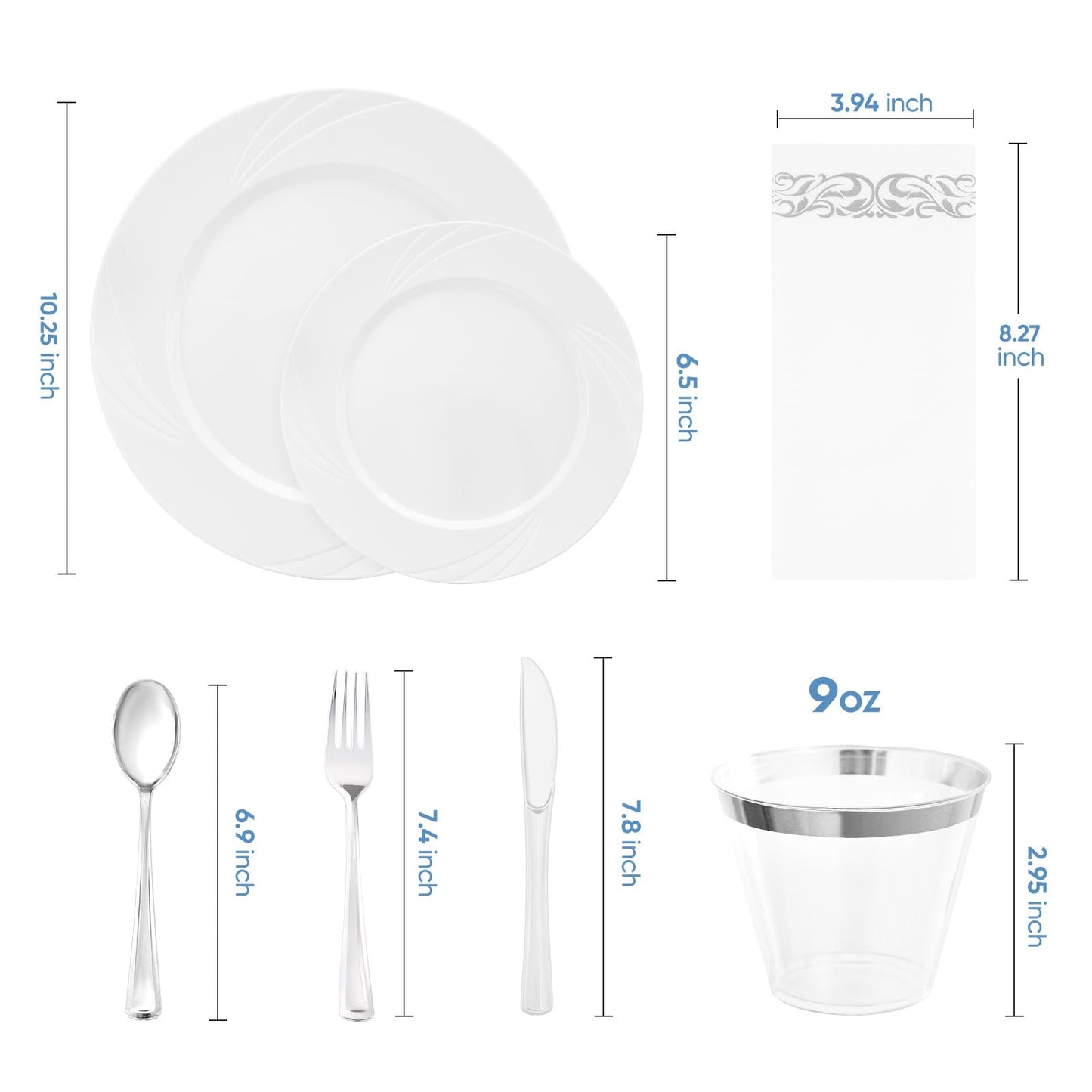 VajilaPhil 350-Piece White Swirls Plastic Dinnerware Set for 50 Guests, Elegant Disposable Dinnerware for Party, Wedding. Includes 10.25" Dinner Plates, 6.5" Dessert Plates, Silverware, Napkins, Cups