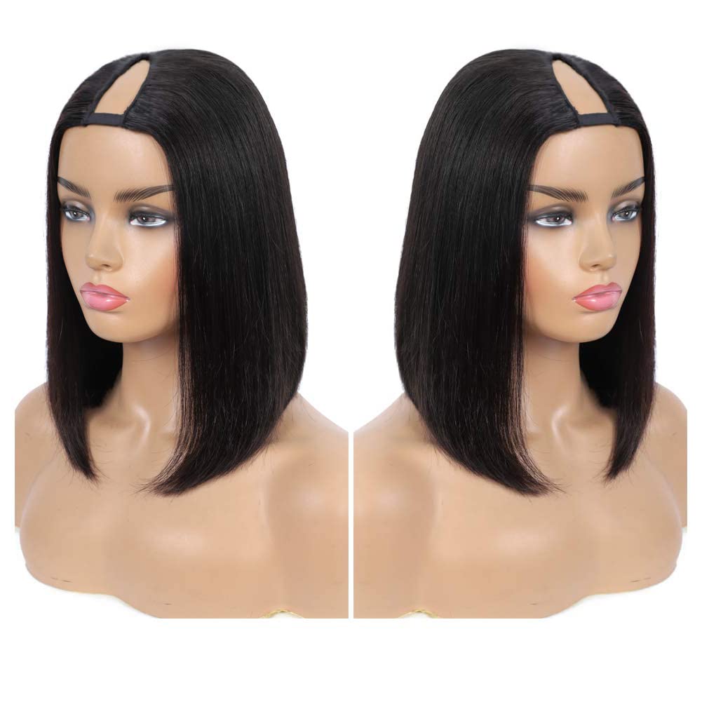 PANEWAY U Part Wig Human Hair Straight Bob Wigs For Black Women 12 inch Brazilian Remy Hair Short Bob Human Hair Wigs Clip in U Part Wig Human Hair Extensions Natural Color