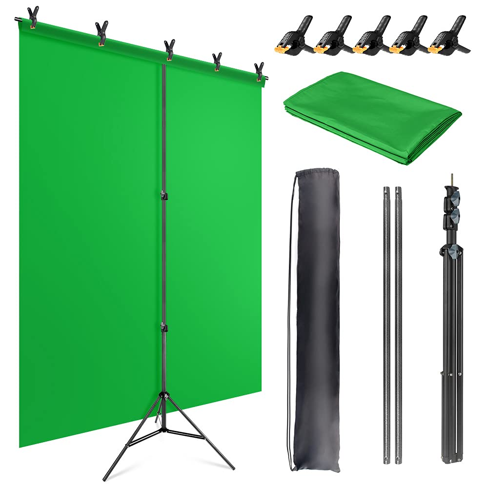 JEBUTU Green Screen Backdrop Kit with Stand, Green Screen Backdrop with Stand Kit,5X6.5ft Portable Green Screen Stand kit, GreenScreen Background with Stand Carrying Bag Clamp for Streaming Video Zoom