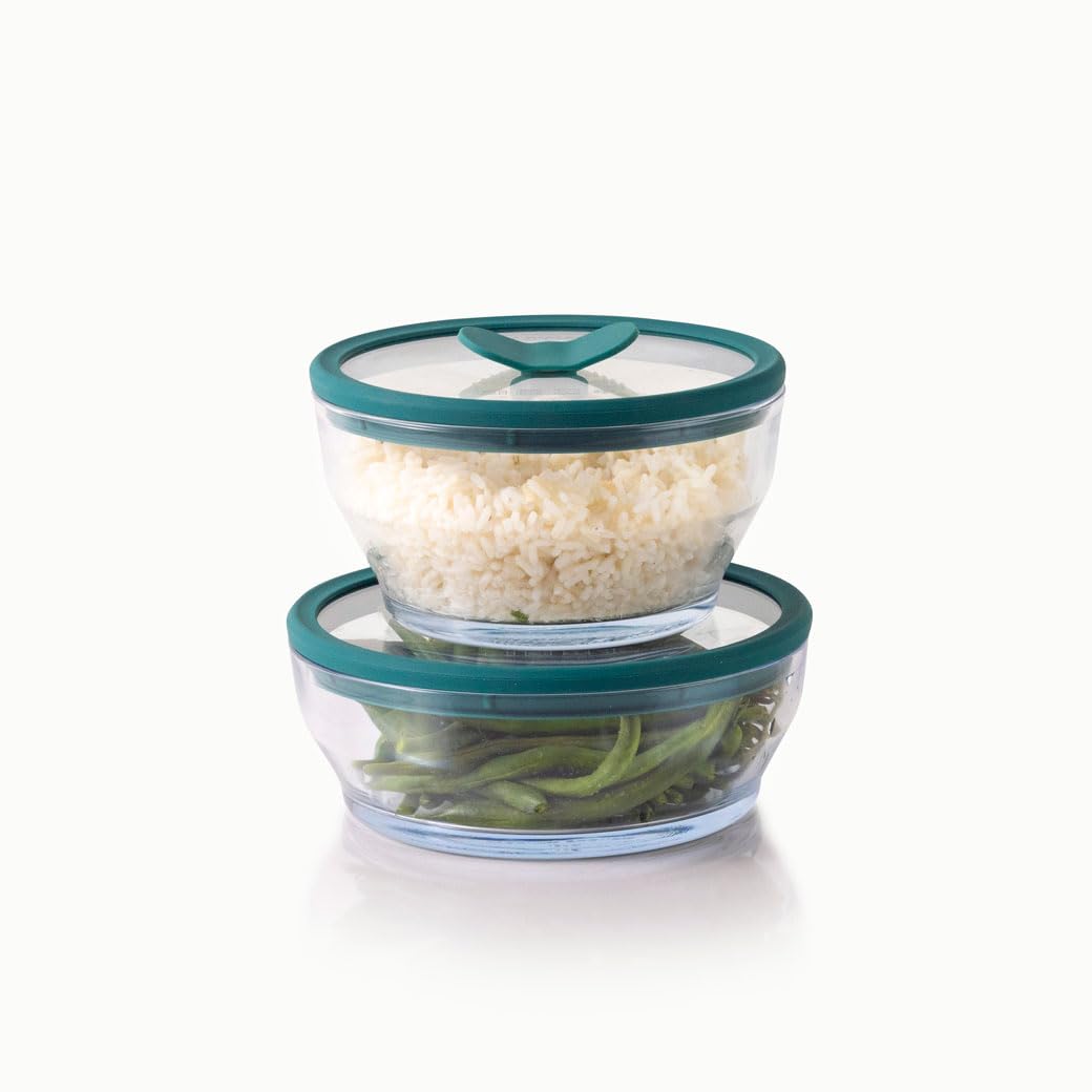Anyday 4-Piece Medium Glass Food Storage with Glass Lids | Plastic-Free Meal Prep & Microwave Cookware | Stackable Airtight Storage Container with Vented Lid for Microwave-Safe Reheating