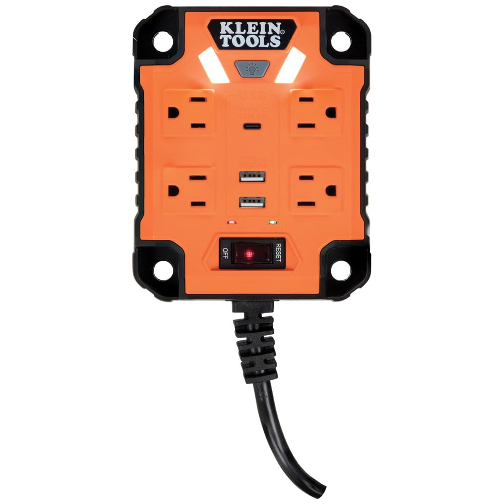 Klein Tools 29601 Magnetic Power Strip with Surge Protector, Extension Cord, 4 Outlets, 3 USB Ports, 5-Foot Cord, Power Supply Box with Light, PowerBox 1, Heavy Duty