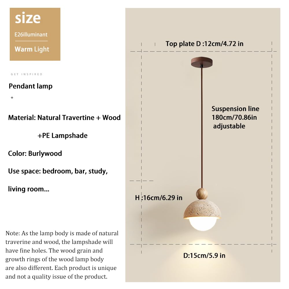 Spherical Wabi Sabi Pendant Light Natural Stone Retro Japanese Style Yellow Travertine Pendant Lighting Vintage Mini Wood Nordic Hanging Light for Kitchen Island Dining Room Bedroom Hallway Bedside