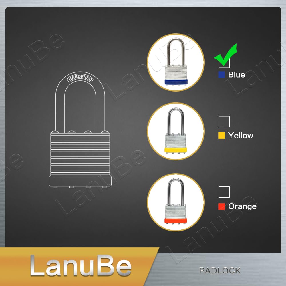 LanuBe Lock Laminated Steel Keyed Padlock,Keyed Alike Locks, Long Shackle Padlock,Pack of 12