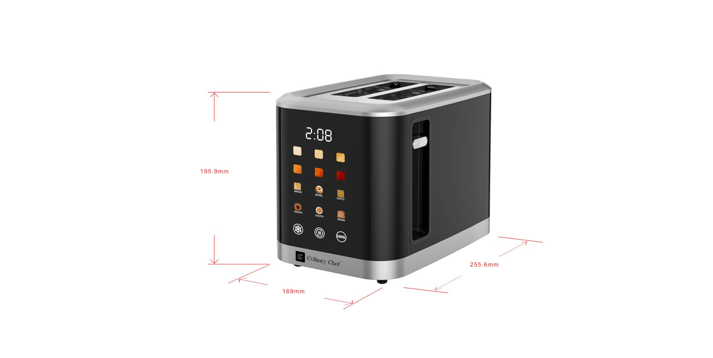MAGNAVOX HOME, 2 Slice Smart Toaster, Touchscreen, Wide Slot for Bread, English Muffins, Croissants, and Bagels, 5 Adjustable Toast Settings, Cancel and Defrost, 6 Bread Types & Shade Settings