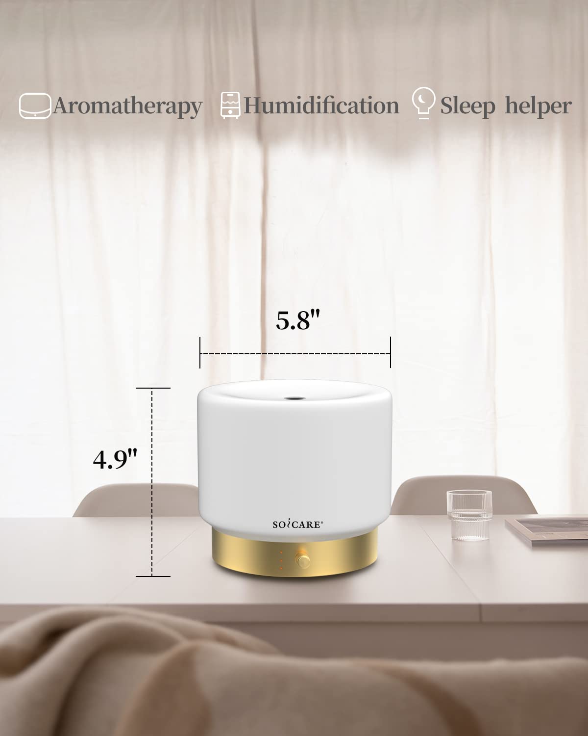 SOICARE Glass Diffuser with Luxury Alloy Base(Gold), All-in-one Room Decor Aromatherapy Oil Diffusers for Essential Oils, Air Scent Essential Oil Diffuser Humidifier,Dimmable Warm Light (280ML)