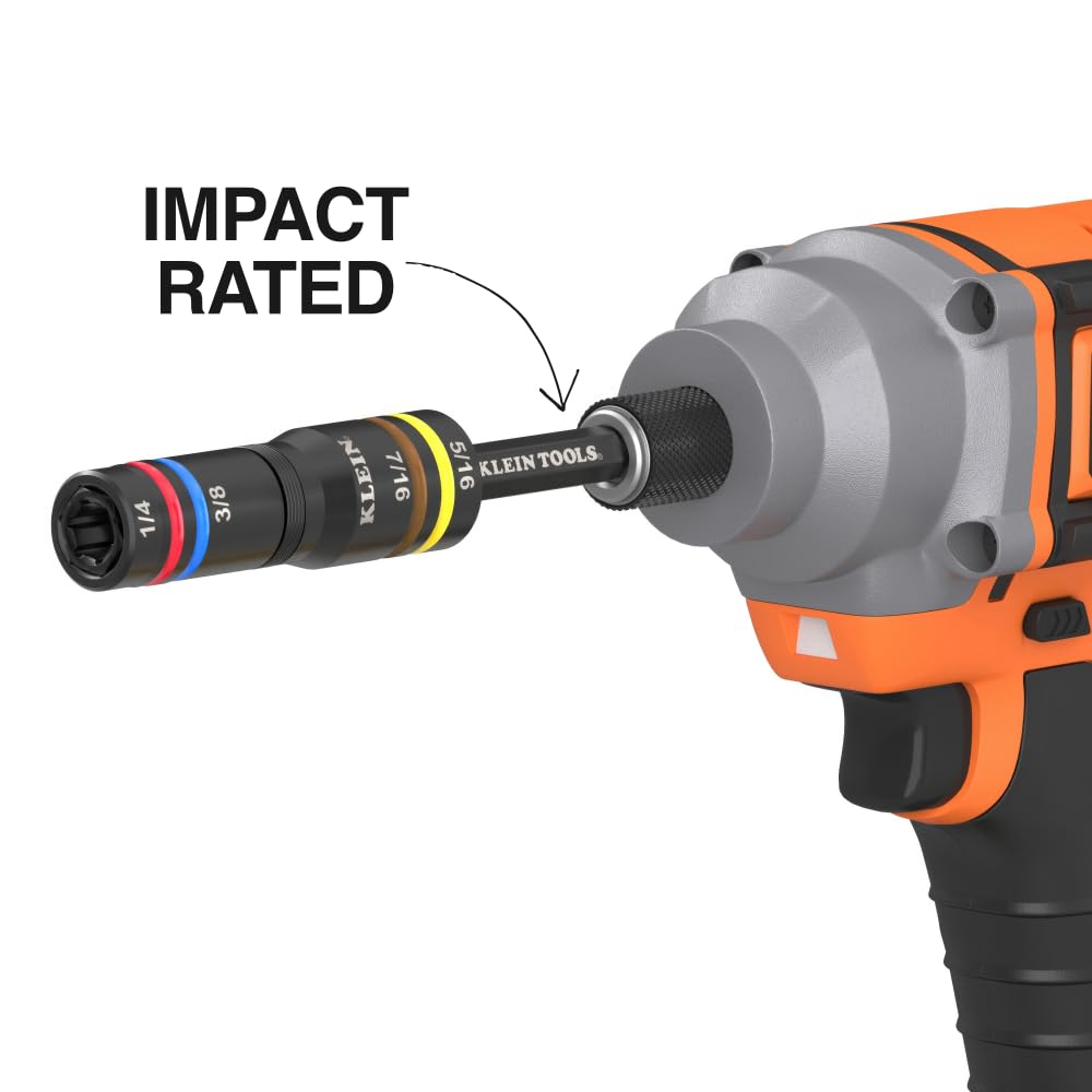 Klein Tools 653QS KNECT Quad Socket, 12 Sizes in 3 Sockets, 4-in-1 Color Coded SAE Impact Rated, Heavy-Duty, 1/4- and 3/8-Inch Drive, 3-1/2- and 6-1/2-Inch Shaft