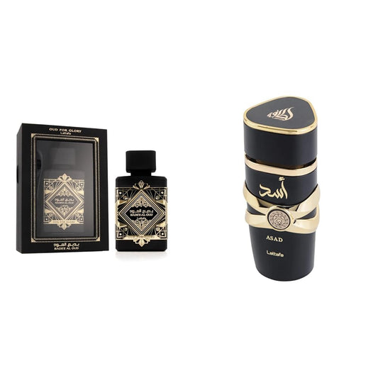 Lattafa Perfumes Bade'e Al Oud Eau de Parfum Spray 3.4oz and Asad Eau de Parfum Spray 3.4oz Bundle
