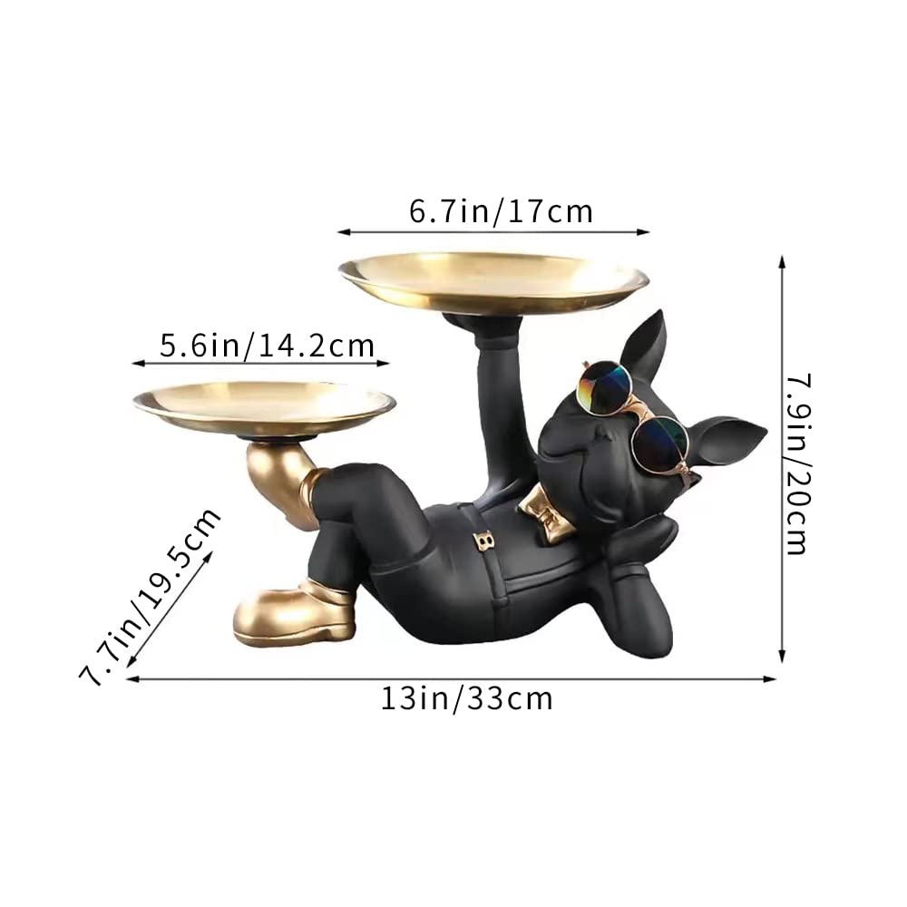 BAOJULONG Cool Resin Dog Statue with 2 Trays and Cute Glasses Black French Bulldog Figurine Ornaments Animal Sculptures Home Decor Anniversary Thanksgiving Christmas Birthday Gifts