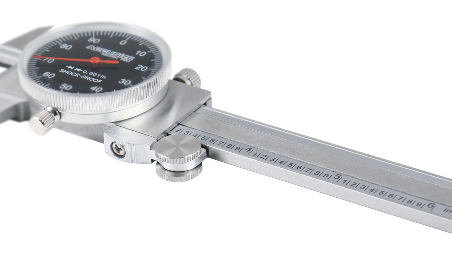 Accusize Industrial Tools 0-6" x 0.001" (Range x Resolution) Dial Caliper, Black Face Red Needle, Stainless Steel in Fitted Box, P920-B216
