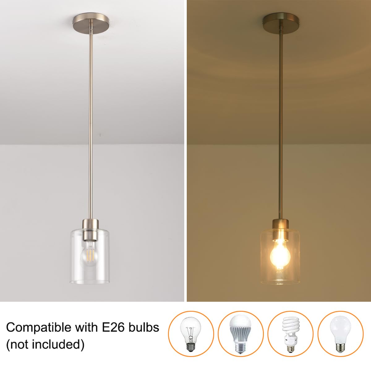 Brushed Nickel Pendant Lights,Modern Farmhouse Pendant Light,Light Fixture Kitchen Pendant Mini Hanging Light for Sink Island,Adjustable Height,Home Décor Lighting (Brushed Nickel 2 pack Stem Rod)