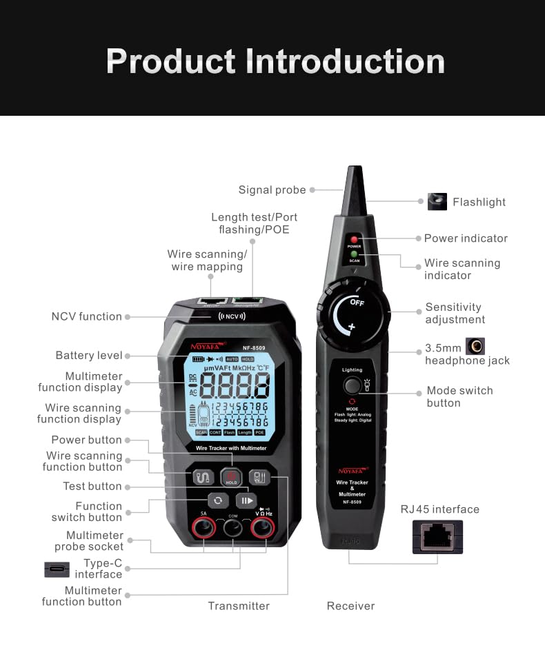 NOYAFA Network Cable Tester with Multimeter Tester, RJ45 CAT5 CAT6 Ethernet Cable Tester Port Flashing, NCV Anti-Burn AC DC Voltmeter POE Tester, Anti-Jamming TDR Network Tester Cable Toner