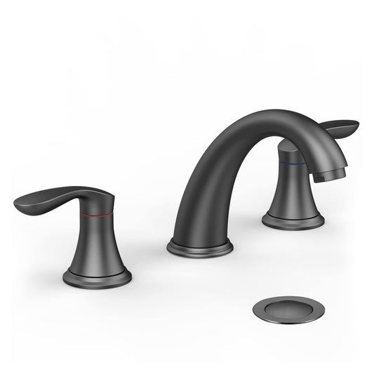 Bathroom Sink Faucet, Faucet for Bathroom Sink, Widespread Matte Black Bathroom Faucet 3 Hole with Stainless Steel Pop Up Drain and cUPC Lead-Free Hose - (Matte Black)