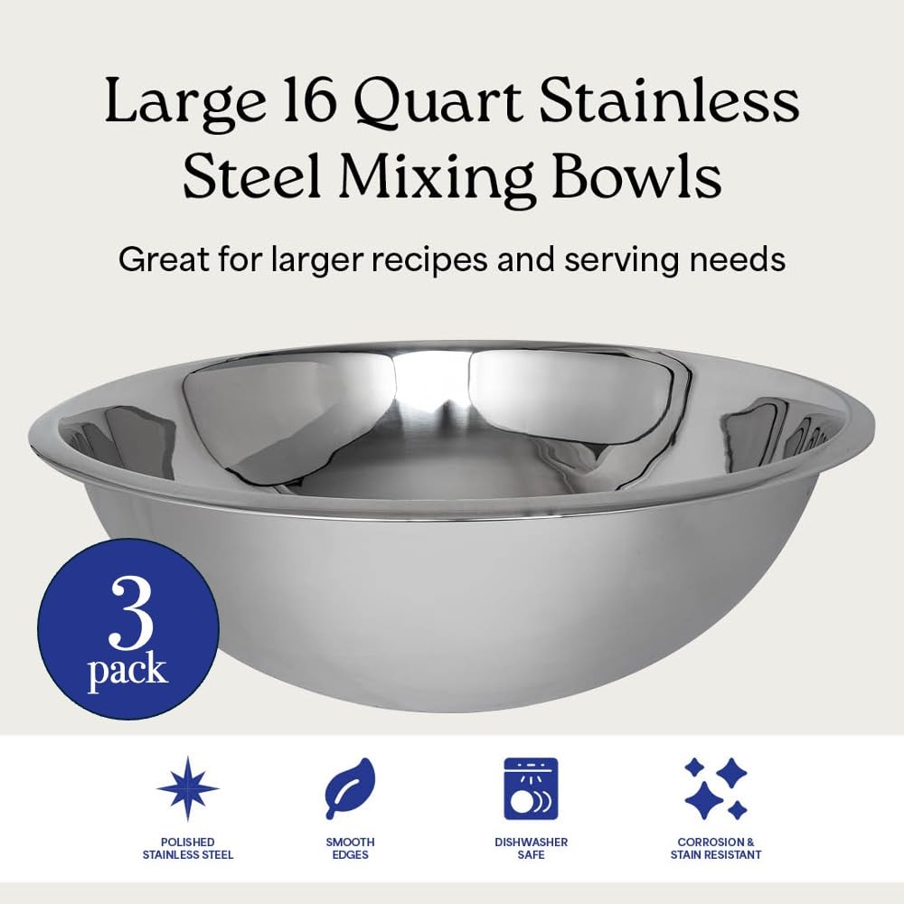 WHYSKO® Large Mixing Bowls, Set of 3 Stainless Steel 16 Quart Bowls for Restaurants, Food Service, Caterers and Home Kitchen Use, Rust Proof Bowls Great for Meal Prep, Baking, Serving, Food Storage