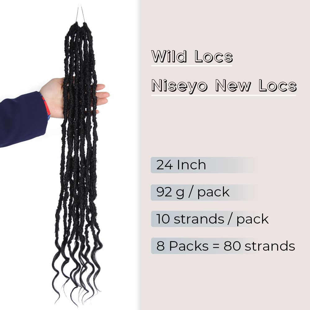Niseyo Wild Locs 24 Inch Distressed New Faux Locs with Curly Ends 8 Packs Long Soft Pre-looped Goddess Locs Crochet Hair (1B, Natural Black)