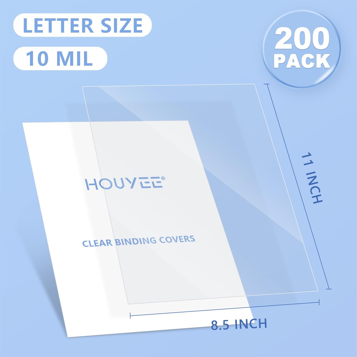 HOUYEE 200 Pack 10 Mil PVC Binding Presentation Covers, Clear Report Cover Sheets for Binding, Square Corner, 8.5 x11 Inches, Letter Size
