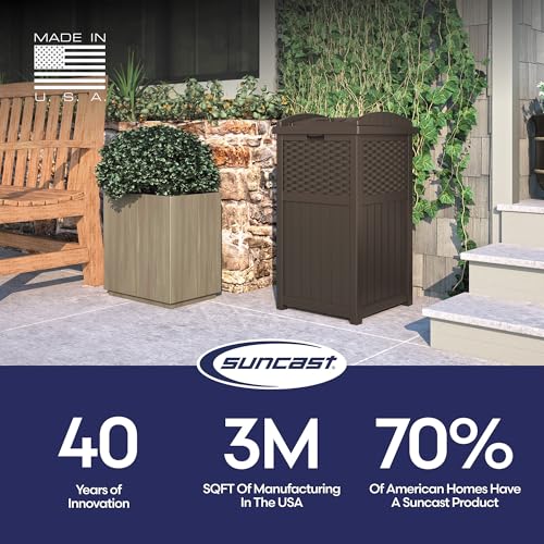 Suncast 33 Gallon Commercial Outdoor Trashcan Hideaway with Lid for 30 to 33 Gallon Trash Bags for Garage, Backyard, or Garden, Brown
