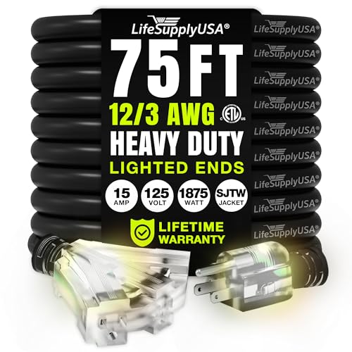 75ft Outdoor/Indoor Extension Cord 3-Outlet 12/3 Gauge Extra Heavy Duty ETL Listed, 3 Prong SJTW, Waterproof, Flexible Cold-Resistant Long Power Cord,15A 125V 1875W, Black by LifeSupplyUSA