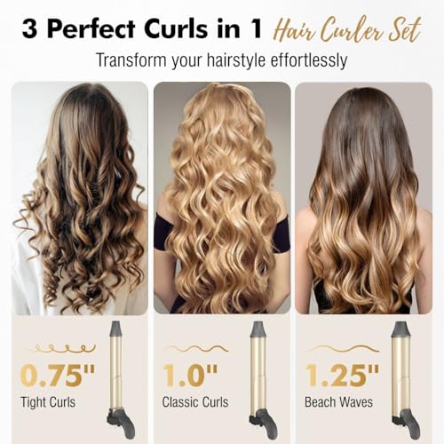 Rotating Curling Iron, 3 in 1 Automatic Curling Iron Set with Interchangeable Barrel 3/4, 1, 1 1/4 Inch, Instant Heat Dual Voltage Curling Wand for Lasting Beach Waves, Gold