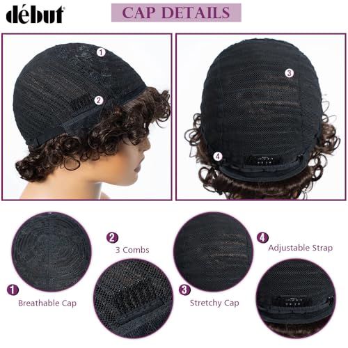 DÉBUT Short Curly Wigs with Bangs 100% Human Hair Afro Curly Glueless Wigs for Women Loose Curls Wear&Go Non Lace Front Wig (Medium Brown)