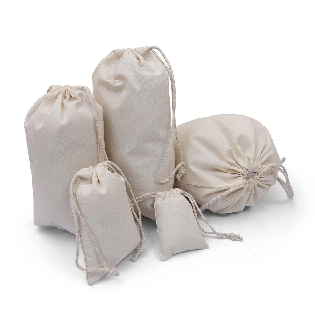 BigLotBags 100Pcs 10 x 12 Inches Premium Cotton Muslin Double Drawstring Bags, Reusable Bag Natural Cotton Bags with Drawstring Produce Bags Bulk Gift Bag Jewelry Pouch for Party Wedding Home Storage