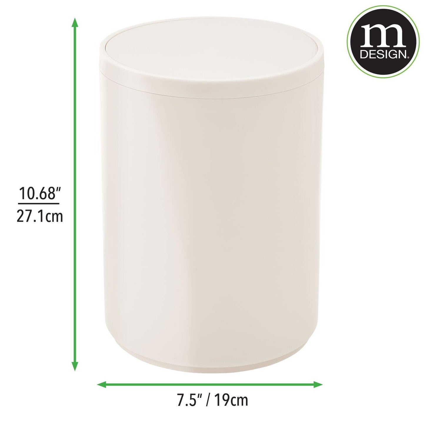 mDesign Plastic Small Slim Round 1.7 Gallon/6.5 Liter Trash Can with Removable Swing Lid - Wastebasket, Garbage Container Basket Bin for Master/Guest Bathroom - Holds Rubbish/Recycle - Cream/Beige