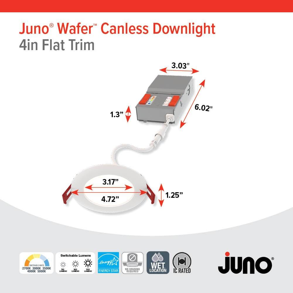 Juno LED Recessed Lights 4 Inch Round Baffle Wafer Downlight, 5-in-1 Switchable White Color Temperature, Adjustable Brightness, 120 Volts, 4-Inch Flat Trim, 6 Pack, Matte White