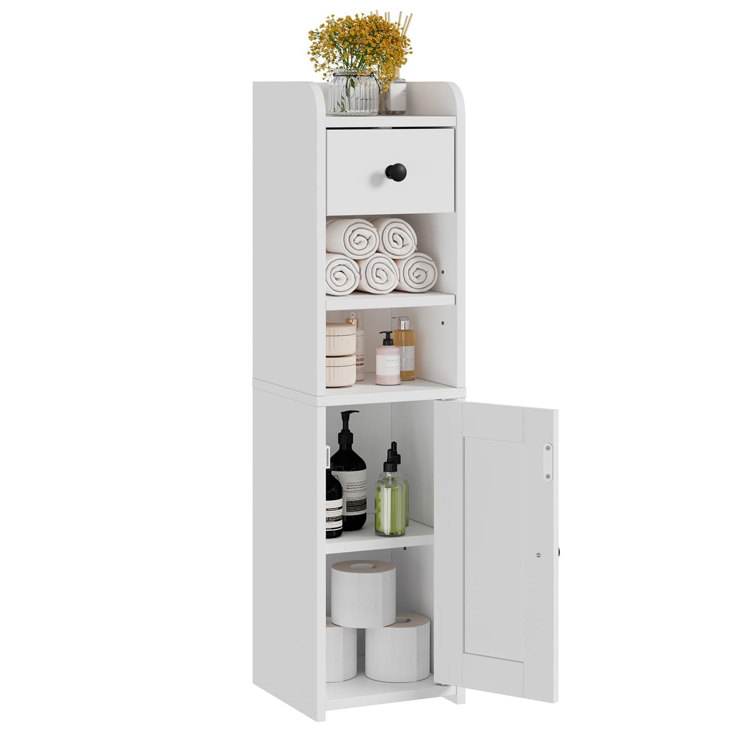 Lomojo Small Bathroom Storage Cabinet,Narrow Toilet Paper Holder,Corner Floor Cabinet with Doors and Drawer for Small Space,Adjustable Shelf Organizer,7.75L*7.75D*29.6H(White)