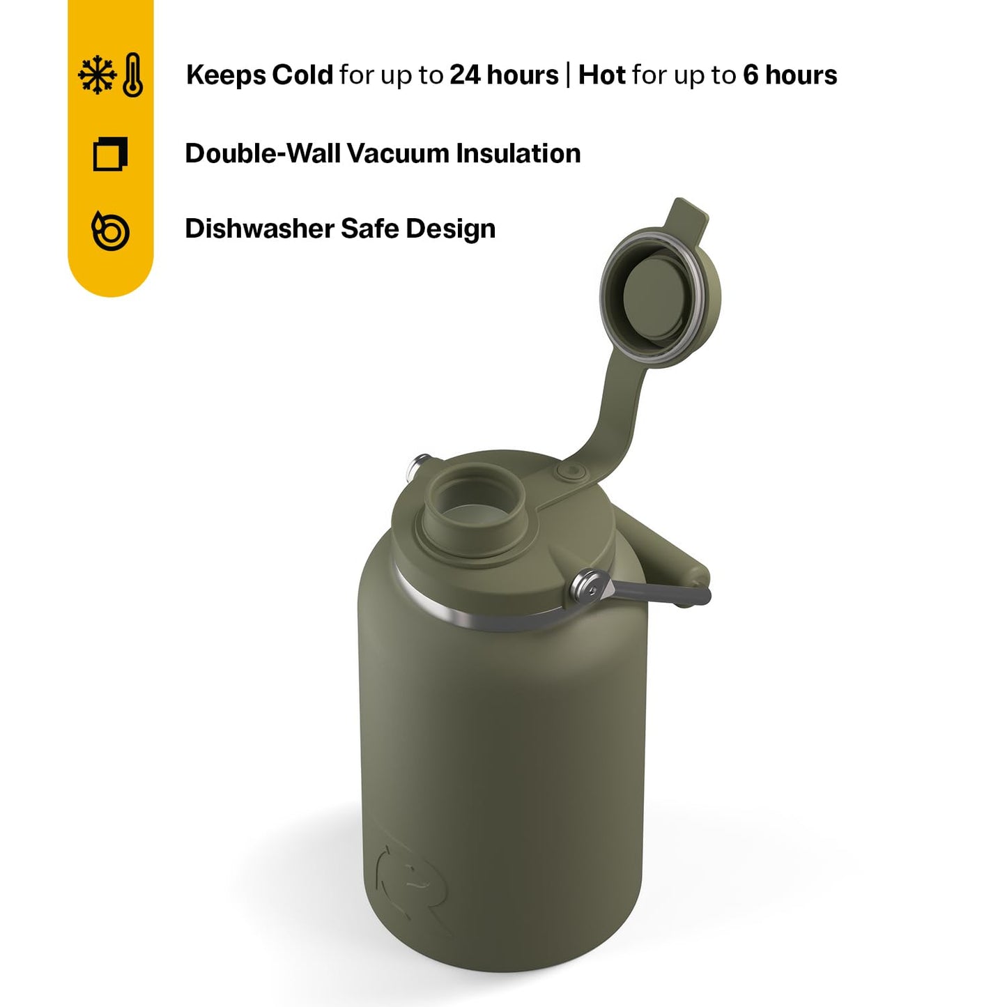 RTIC Half Gallon Outback Jug, Stainless Steel, Ceramic Lined Insulated Water Bottle with Lid and Handle, BPA-Free, Double Wall Vacuum Insulation, Olive