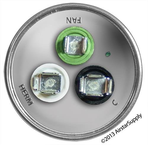 50 + 5 uf/Mfd Round Dual Universal Capacitor • AmRad USA2237 - Used for 370 or 440 VAC, Made in The U.S.A.